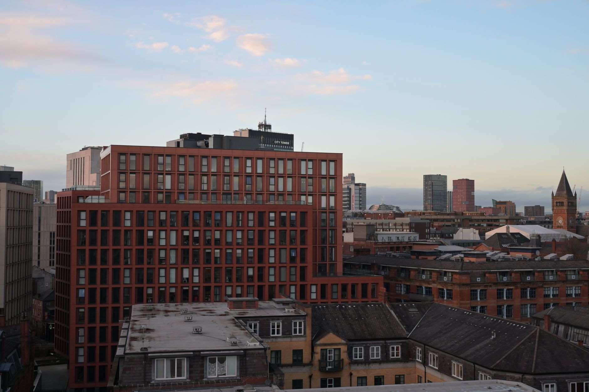 Manchester cityscape showing residential and commercial properties