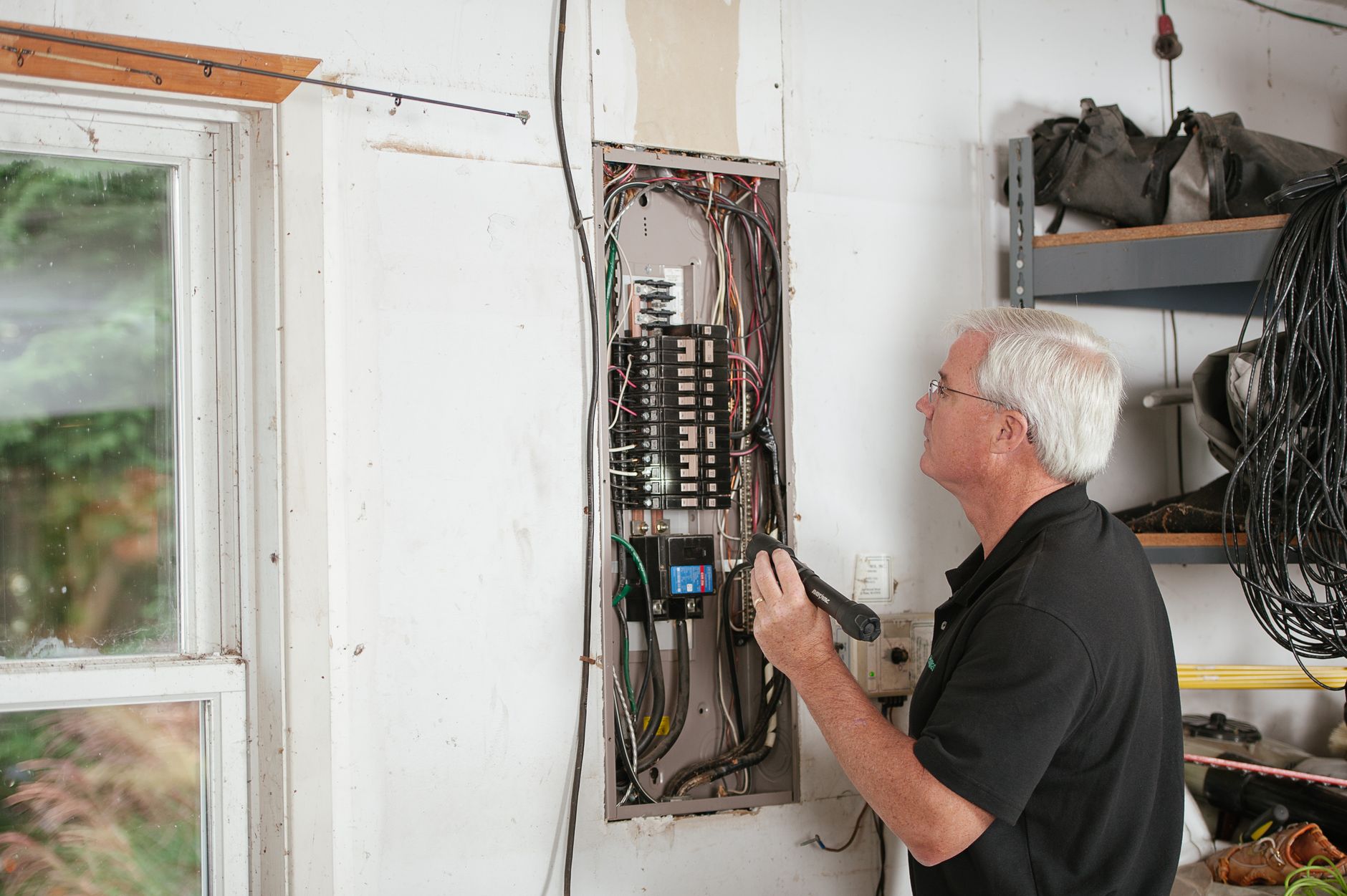 Electrician inspecting wiring in a social housing property