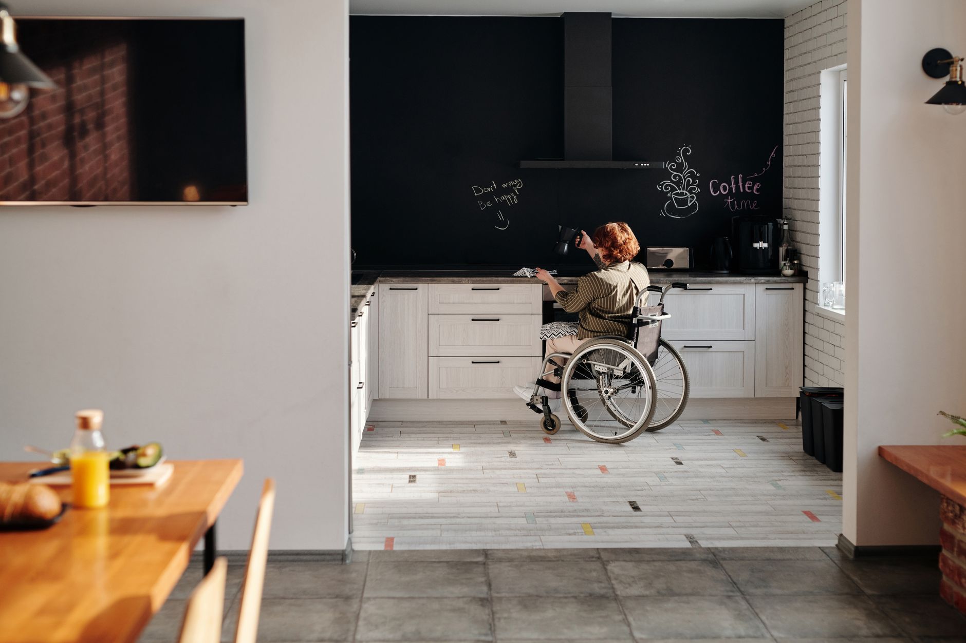 Interior of adapted social housing property showing accessibility features