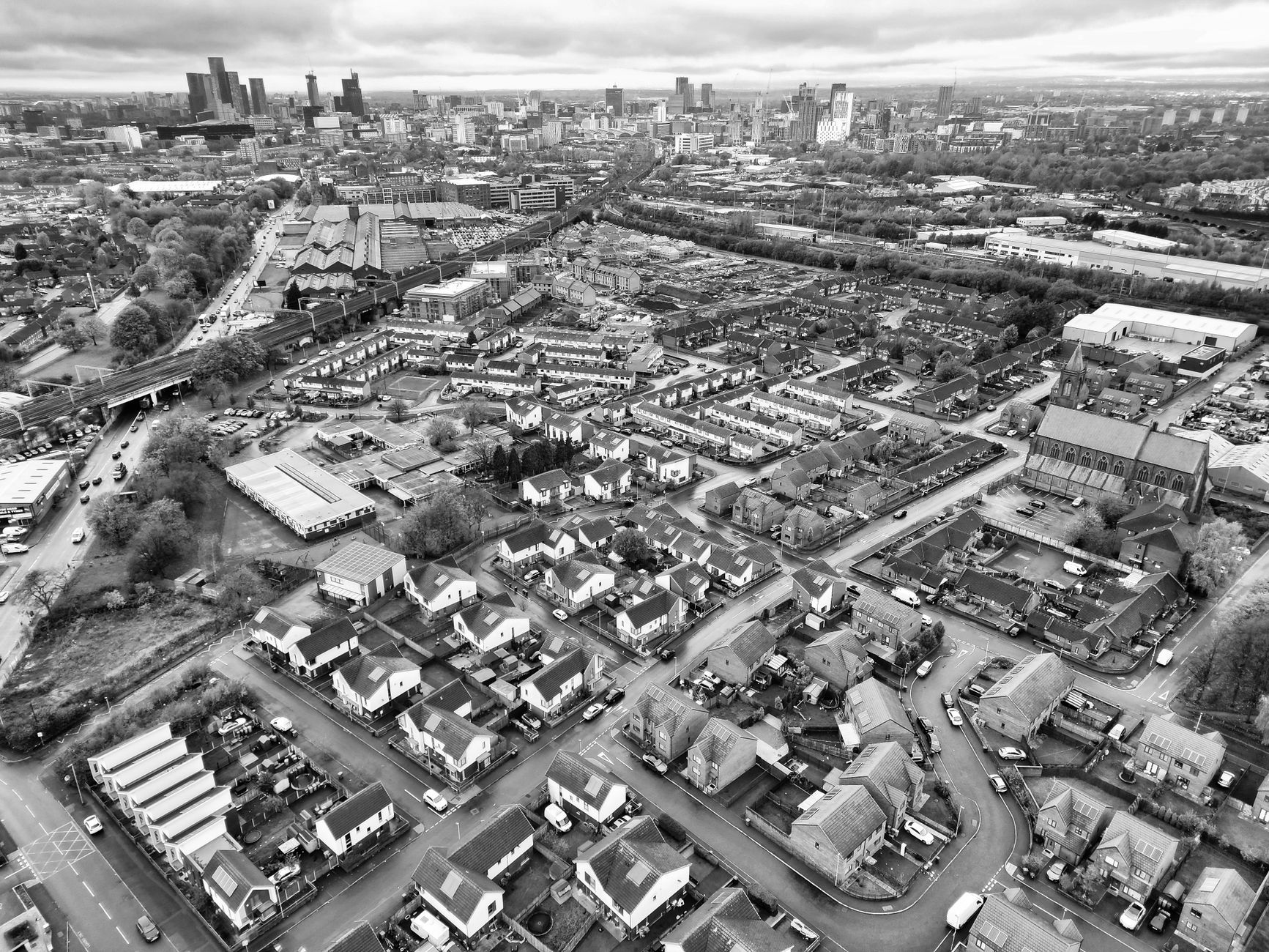Manchester skyline with social housing in foreground