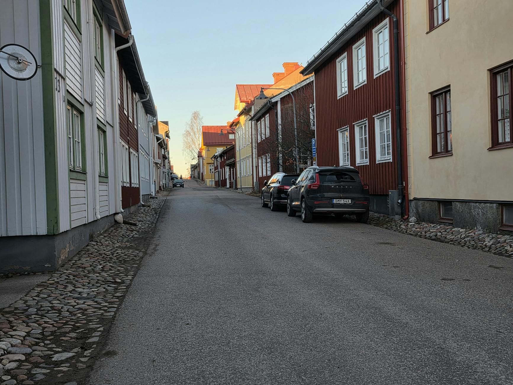 Quiet residential street with parked cars and houses