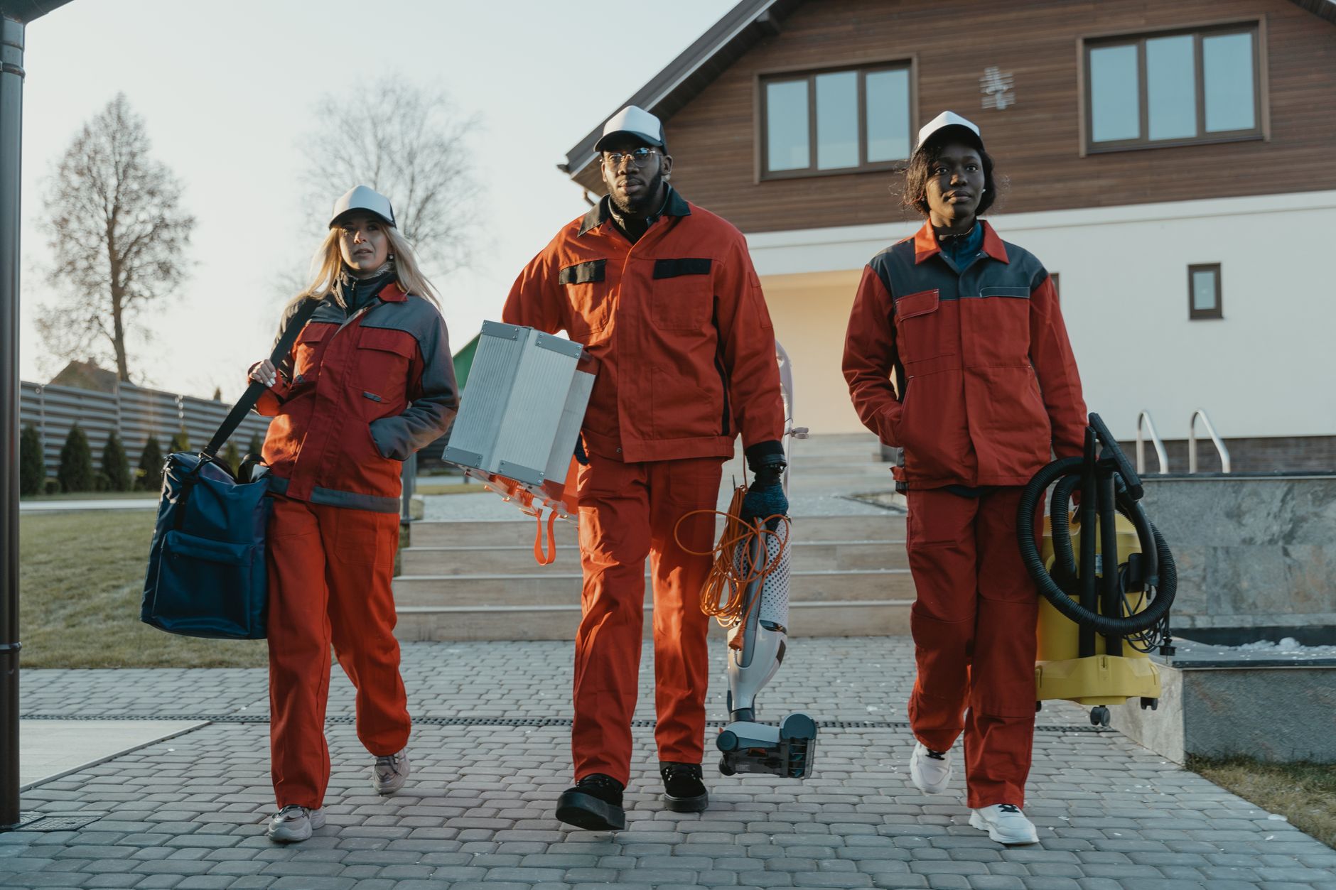 Group of diverse key workers in uniforms