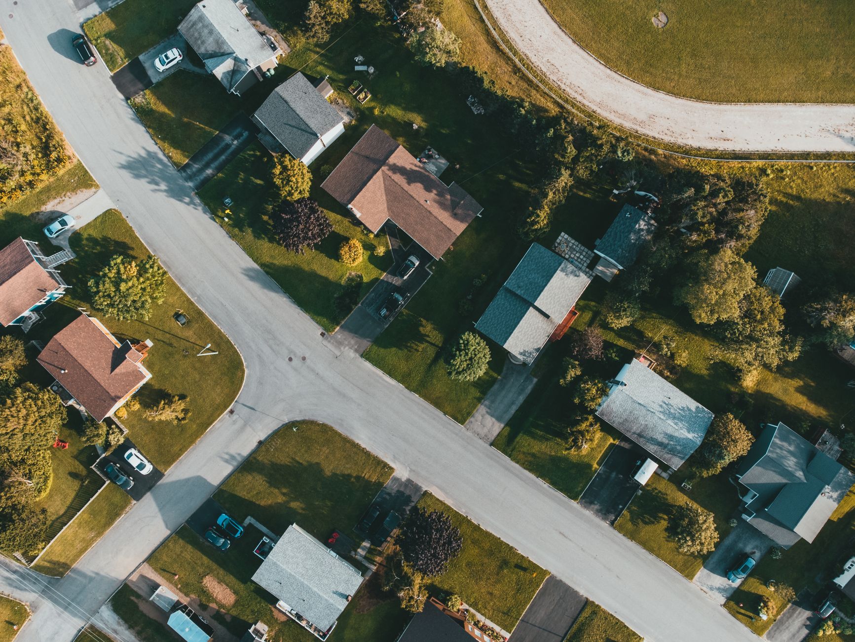 Aerial view of a mixed-tenure housing estate with social and private rentals