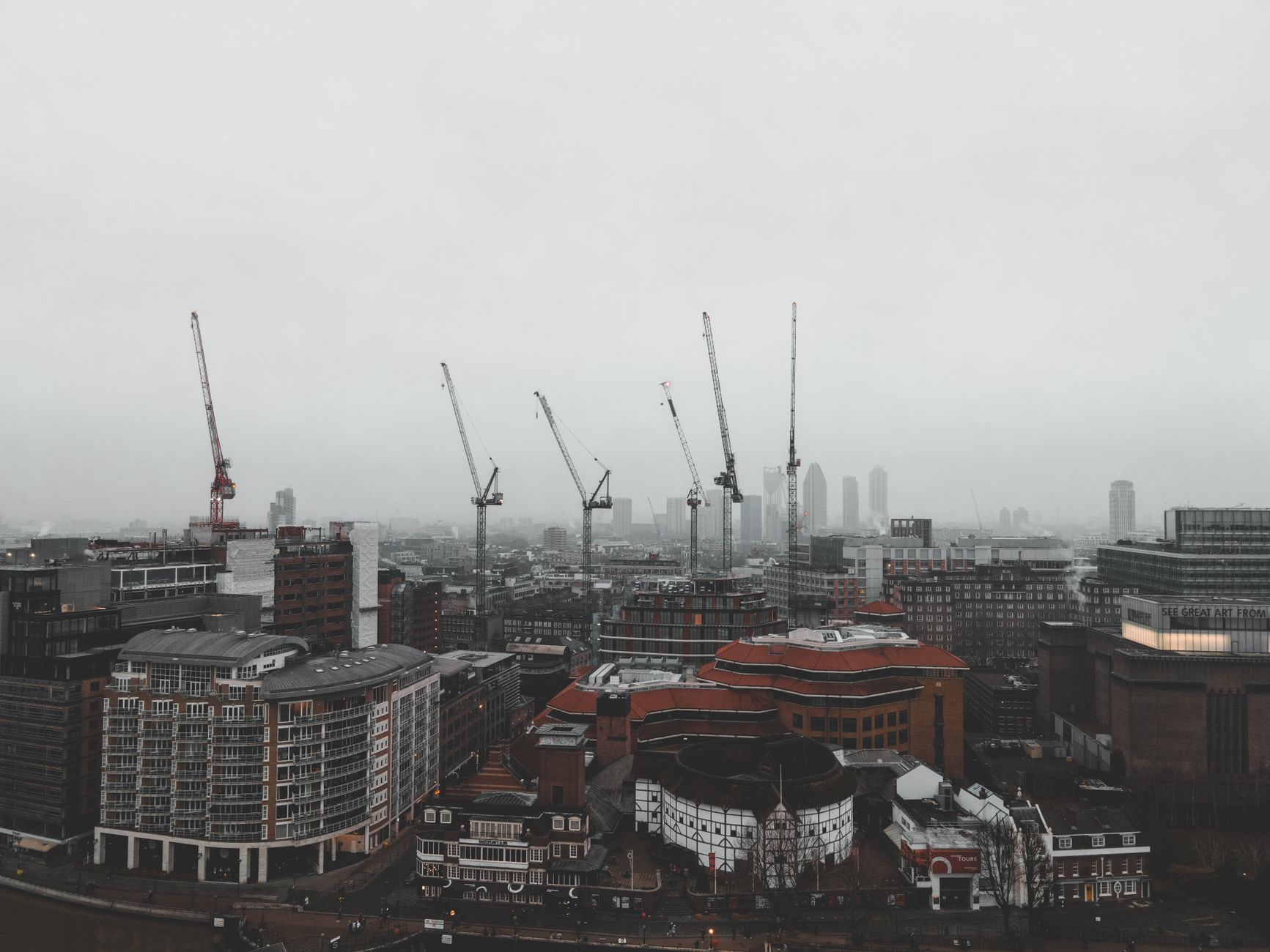 London skyline with construction cranes
