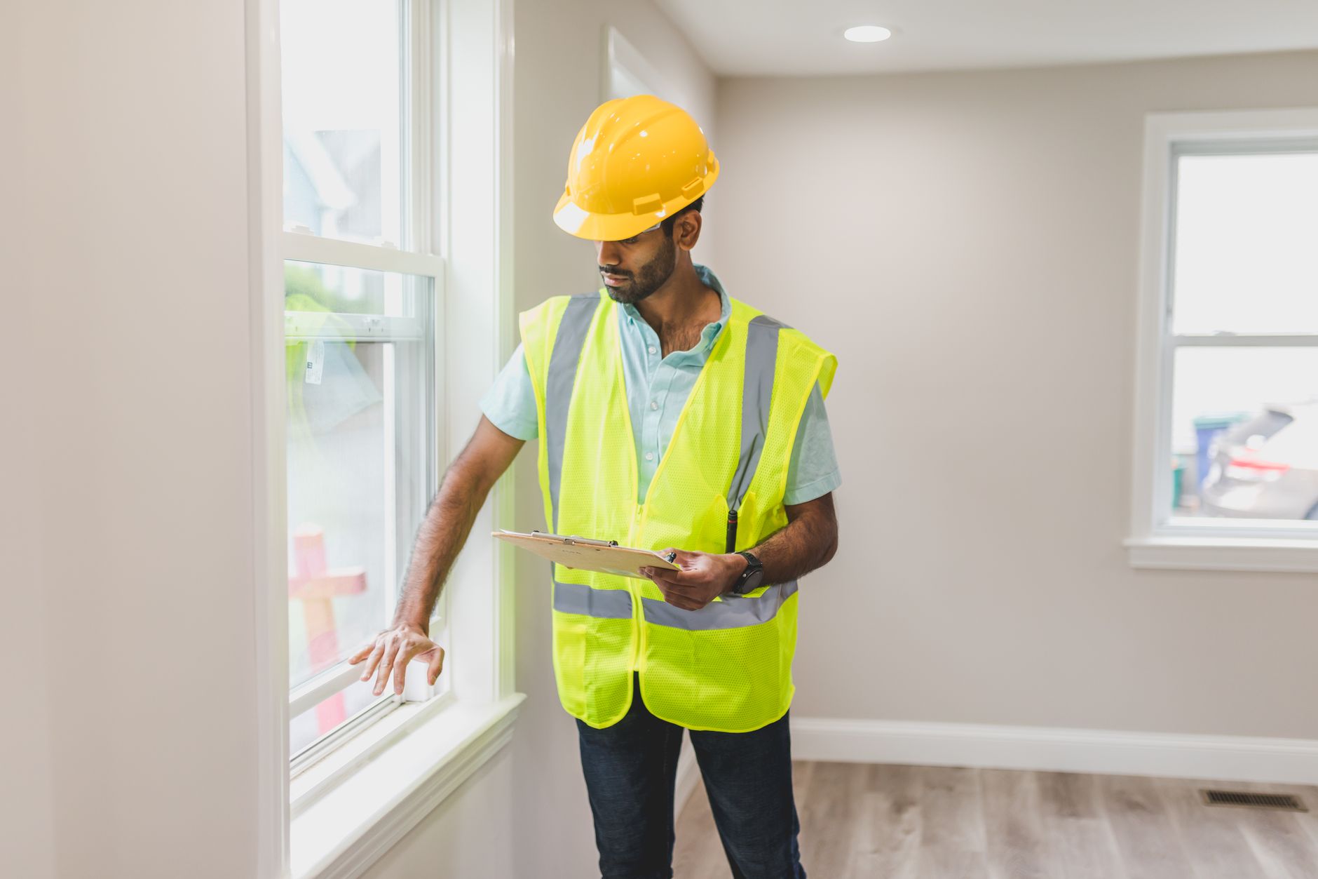 Construction workers inspecting a social housing property