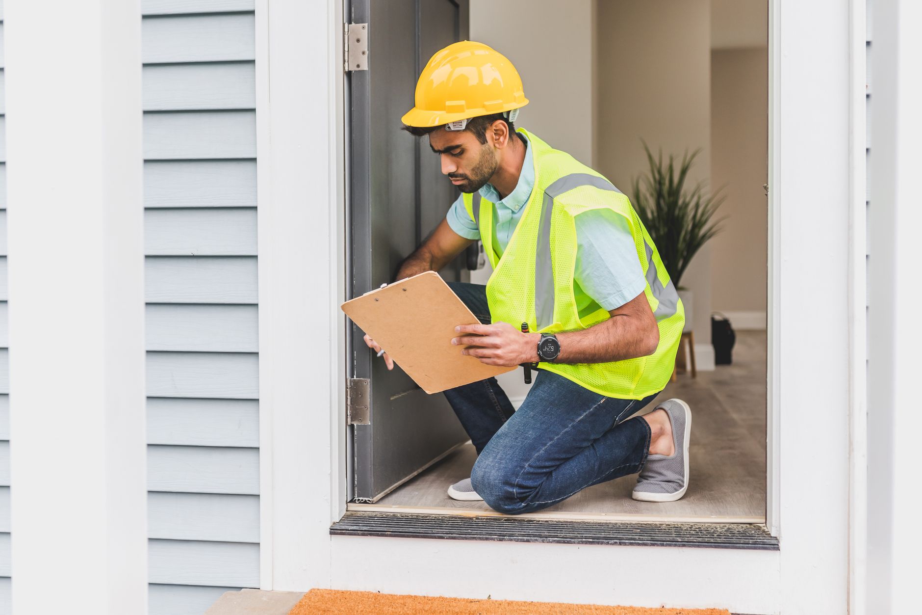 Social housing inspector assessing property condition