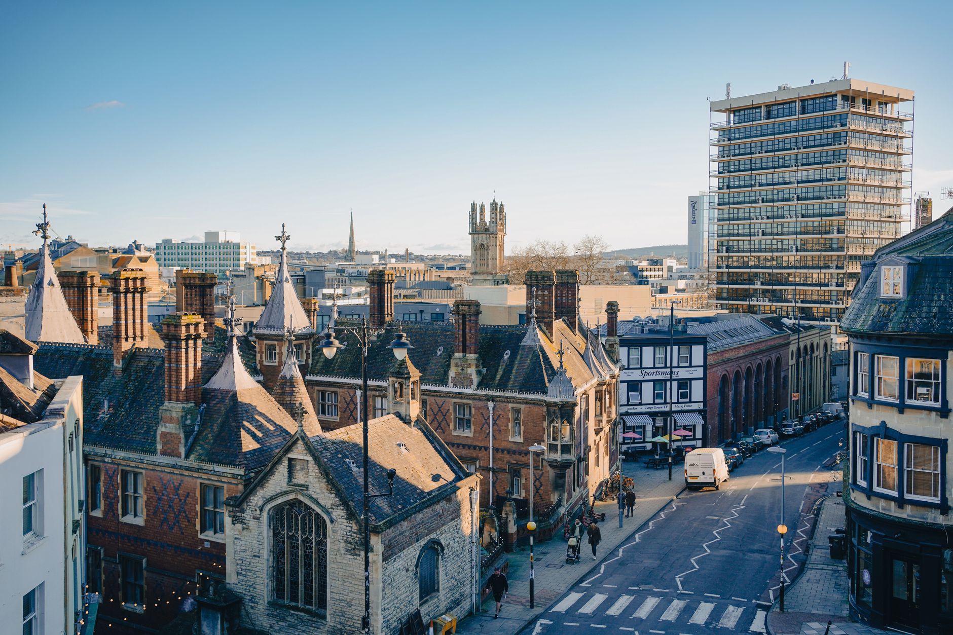 Oxford cityscape showing housing mix - modern developments alongside historic buildings