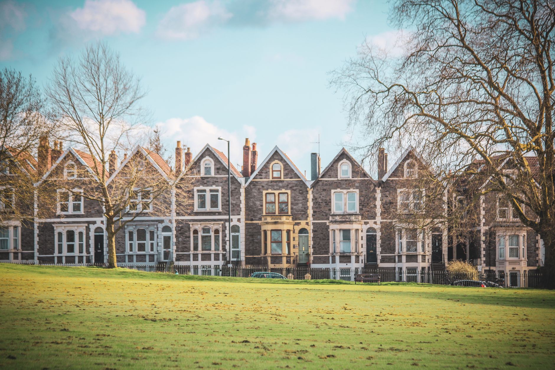 Social housing estate in Northern Ireland - rows of terraced houses with green spaces