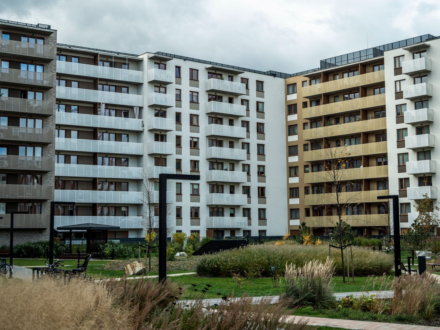 Modern social housing development - A newly built housing association property with green spaces and communal areas
